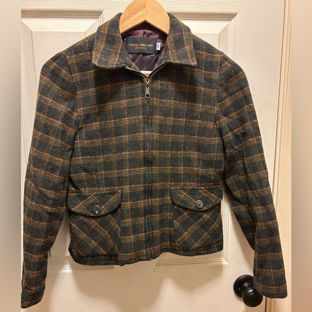 Harris Wallace Petites Gray & Brown Plaid Wool Blend Jacket Blazer Sz 2P